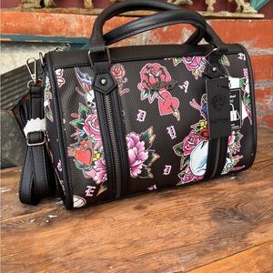 NWT Ed Hardy Satchel / Crossbody Bag - Skulls & Flowers On Black